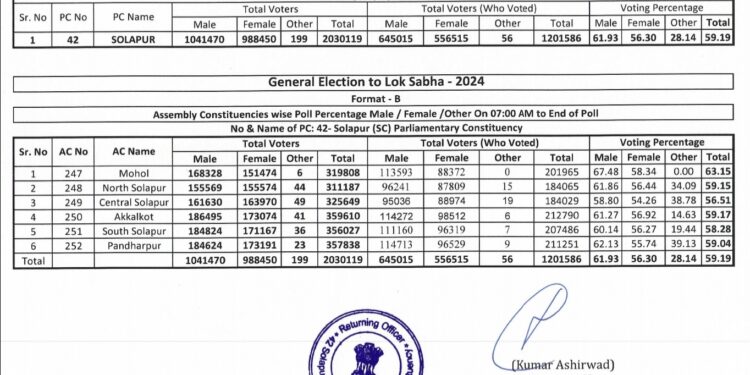 सोलापूर लोकसभेची मतदानाची फायनल आकडेवारी आली समोर ; पहा किती टक्के झाले मतदान